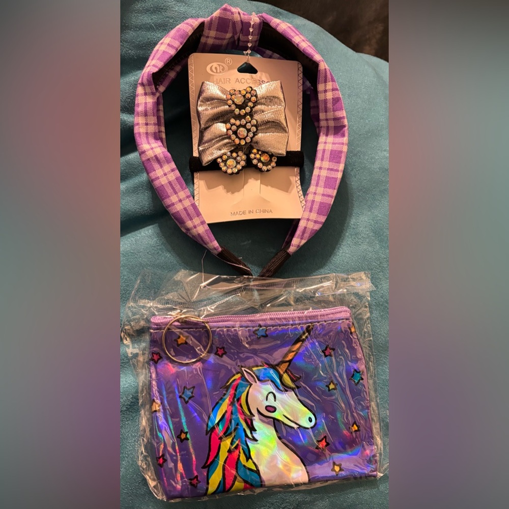 Kids Checkered Headband and Unicorn Pouch Set